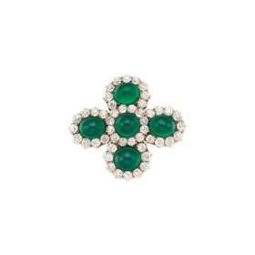 Cabochon emerald and diamond cross shaped cluster brooch, with Colombian emeralds